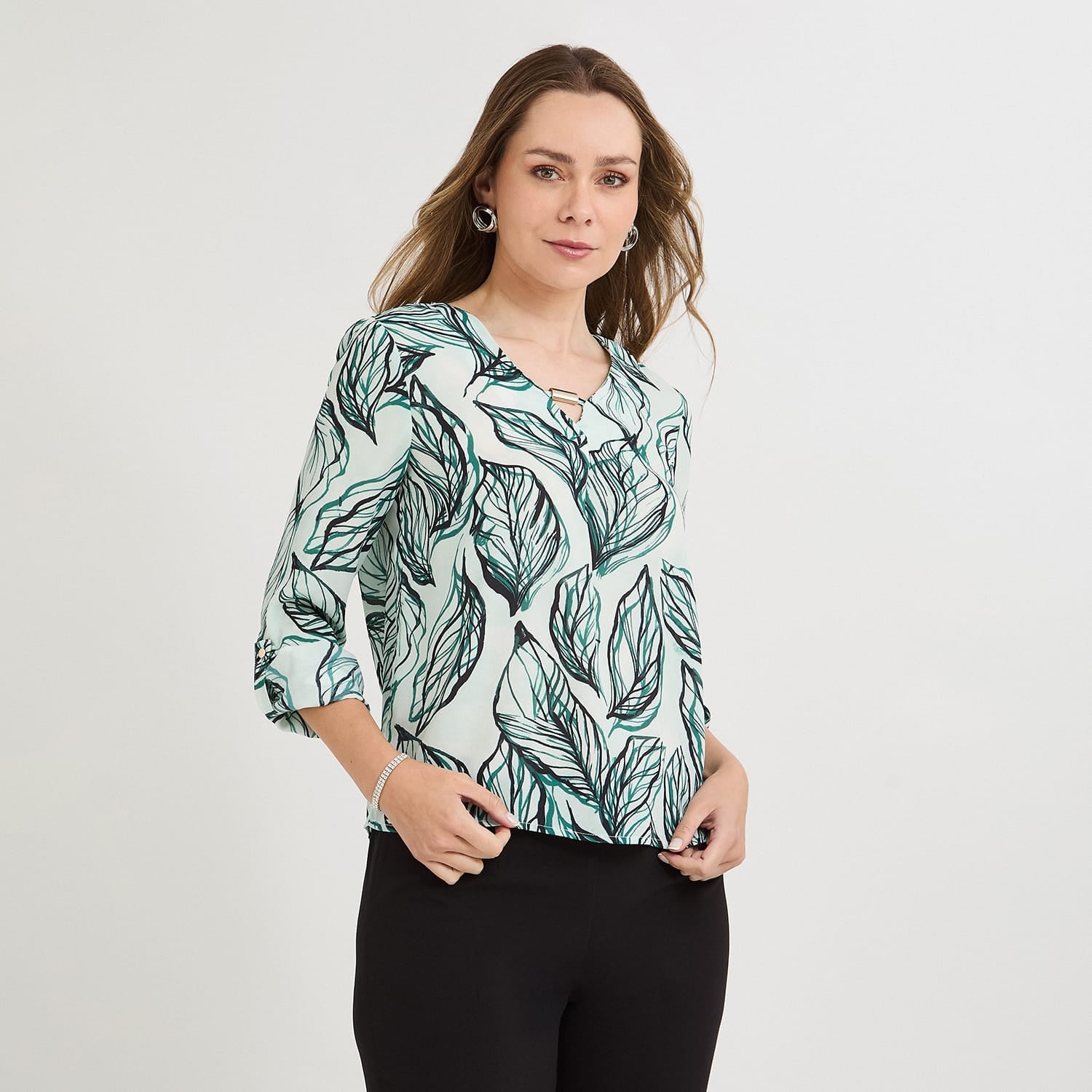 Blusa Manga Larga Escote V Estampada Verde